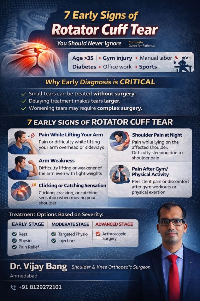 early signs of rotator cuff tear by dr vijay bang, shoulder specialist in ahmedabad, gold medalist, Switzerland return, 10000+ surgeries, BANG SHOULDER INSTITUTE, author The Shoulder Pain Book