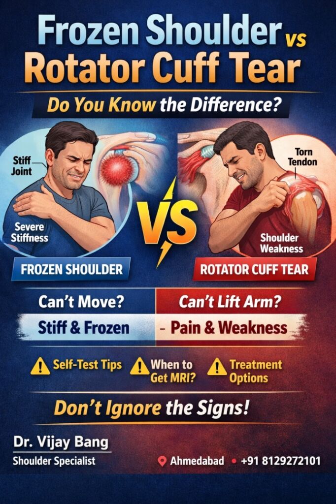 frozen shoulder surgeon in ahmedabad dr Vijay Bang, gold medalist, Switzerland return, BANG SHOULDER INSTITUTE, 10000+ surgeries
frozen shoulder vs rotator cuff 