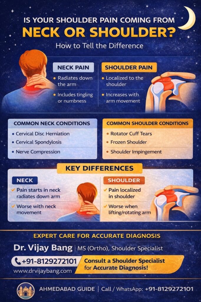 shoulder and neck pain difference dr Vijay Bang, shoulder specialist in Bopal, Ahmedabad, gold medalist, author the shoulder pain book, 10000+ surgeries