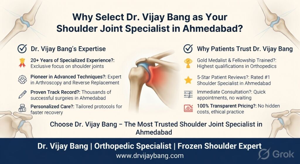 why select dr Vijay Bang as shoulder joint specialist in ahmedabad, gold medalist, Switzerland return, 10000+ surgery