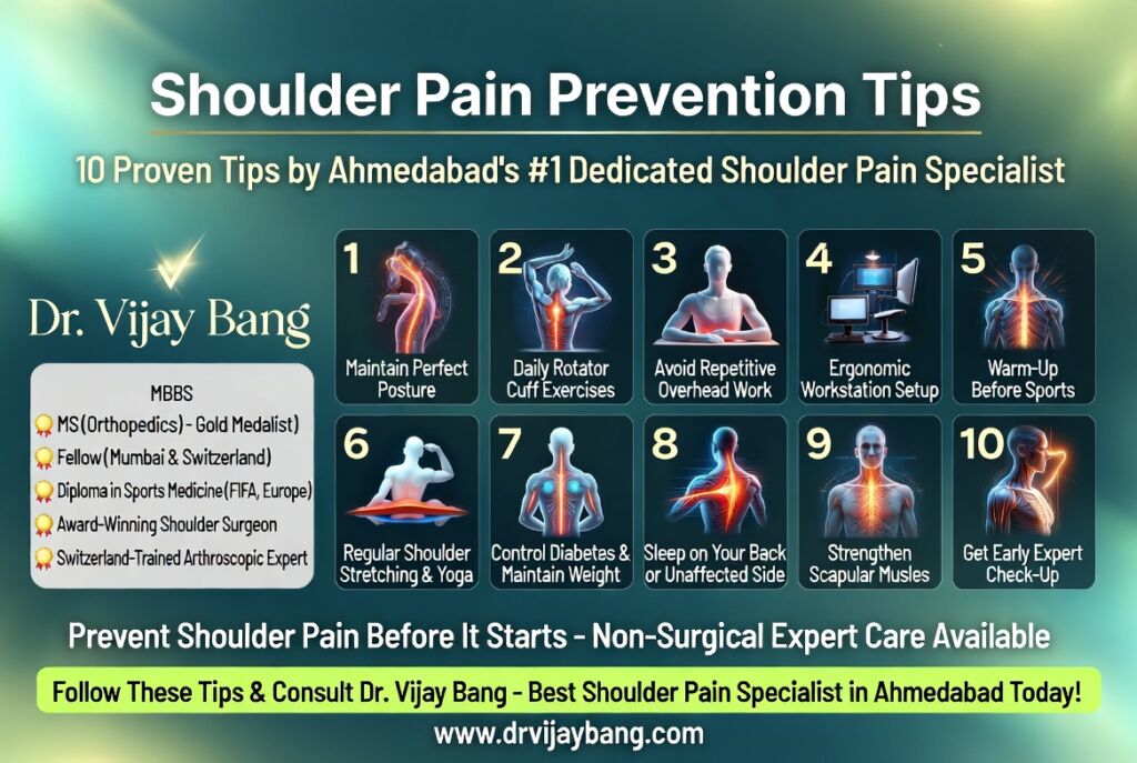 tips for prevention of shoulder pain by dr Vijay Bang shoulder specialist in ahmedabad rotator cuff shoulder arthroscopy surgeon top rated exclusive shoulder surgeon gold medalist 10000+ surgeries Switzerland return